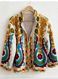 Chaqueta bordada mostaza y turquesa